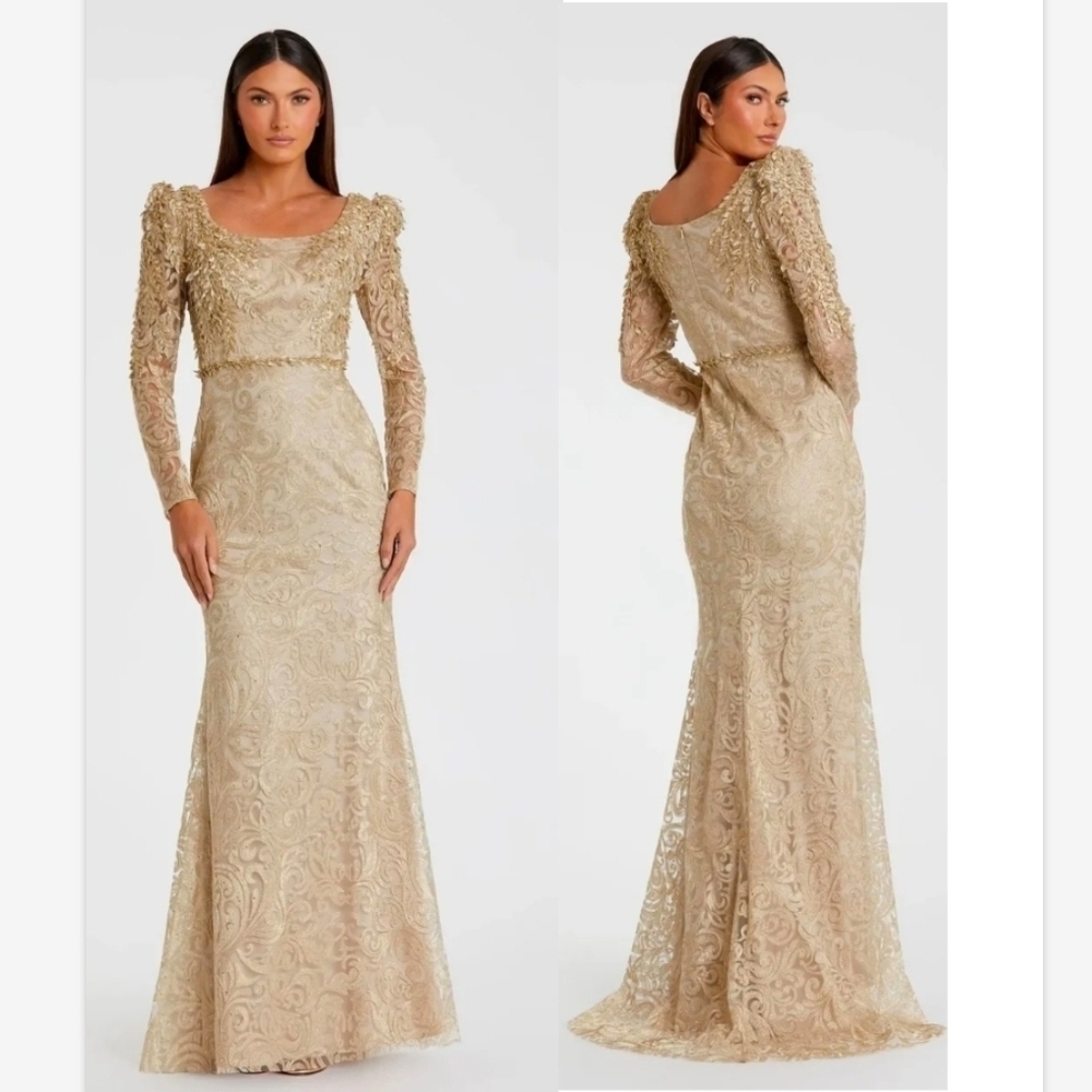 NWT Mac Duggal MOCHA Long Sleeve Embroidered Applique Trumpet Gown 11187 SZ 4
